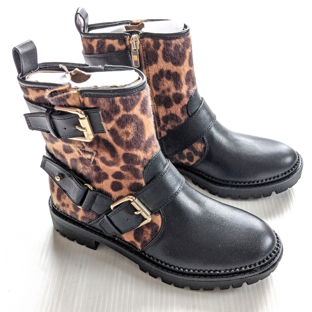 NINE WEST Arria Women's Leopard Fur Buckle Strappy Biker Boots